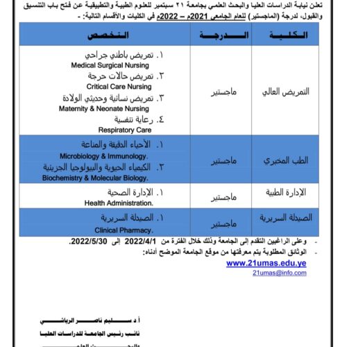 فتح باب التنسيق والقبول لدرجة الماجستير للعام الجامعي 2021 /2022م في عدد من التخصصات في كليات التمريض العالي والطب المخبري والإدارة الطبية والصيدلة السريرية بجامعة 21 سبتمبر للعلوم الطبية والتطبيقية.التفاصيل والشروط في الصفحة المرفقة.