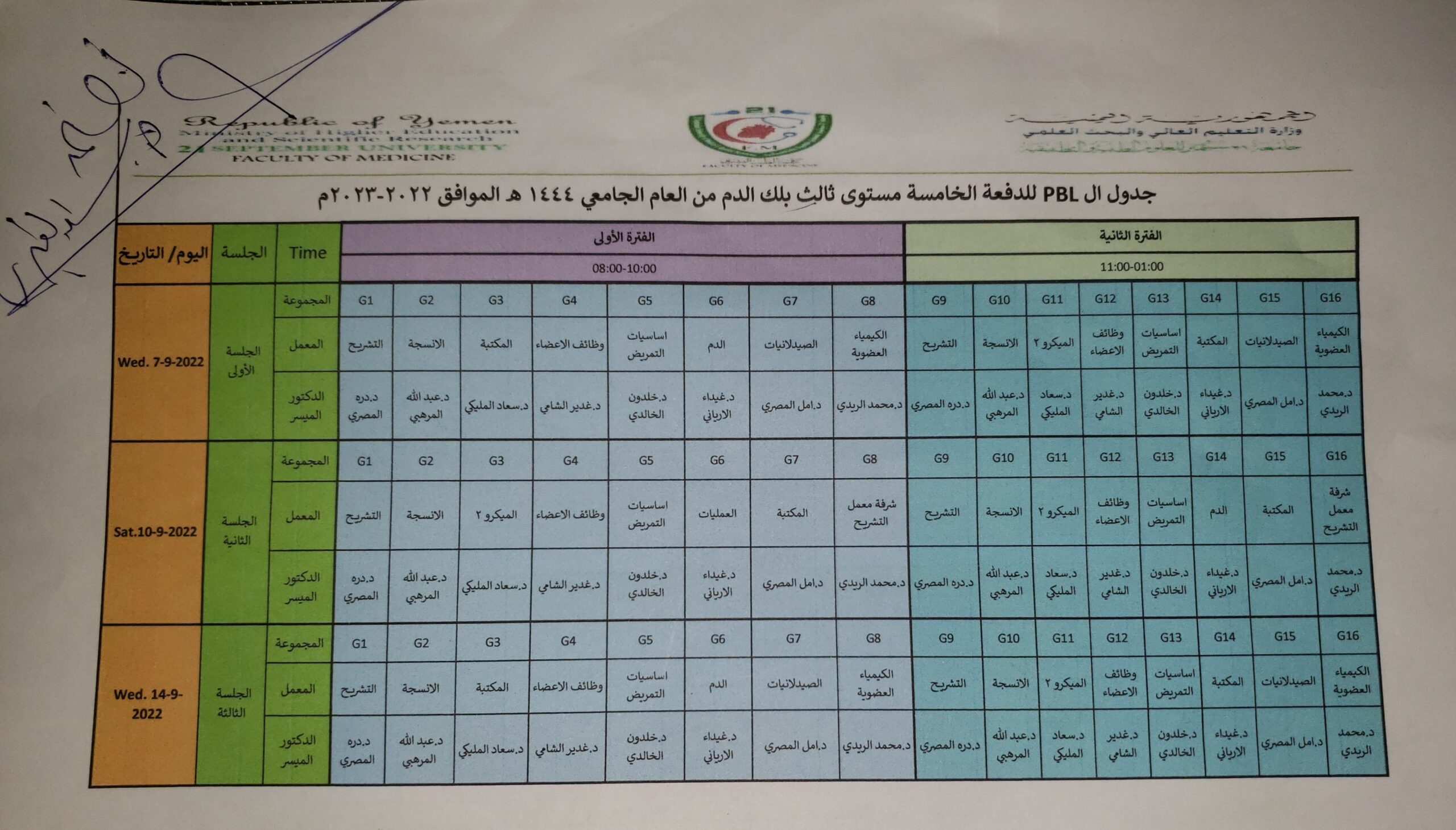 جدول الـ PBL للدفعة الخامسة للعام الجامعي 1444ﮪ