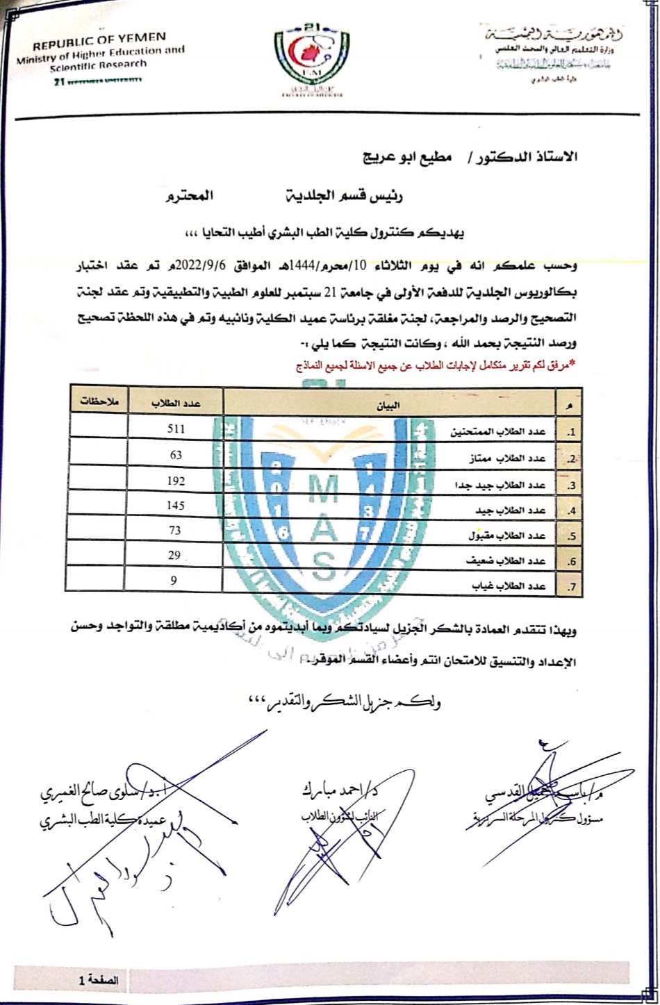 نتائج اختبار البكالوريوس قسم الجلدية