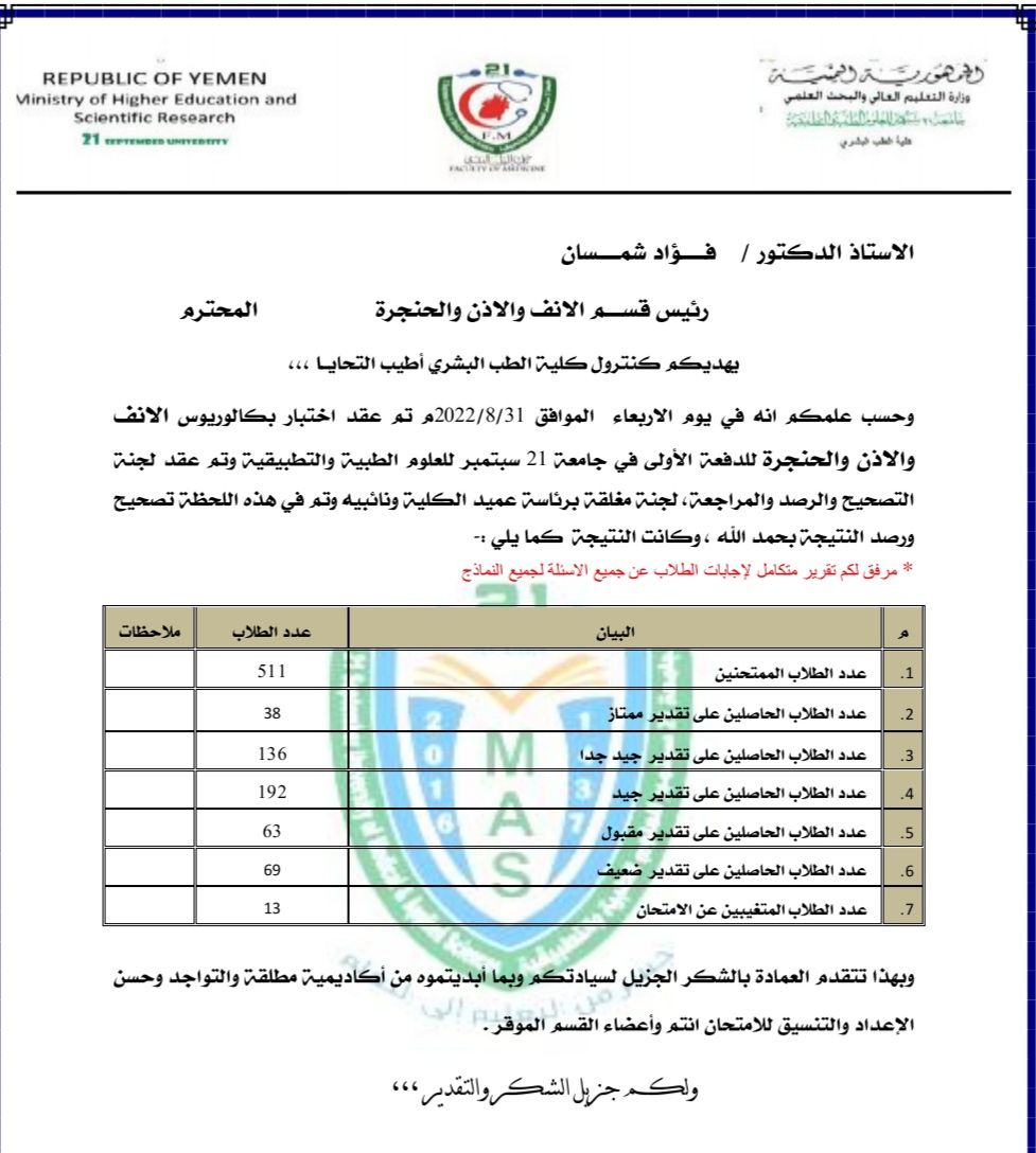 نتائج اختبار البكالوريوس لقسم ENT