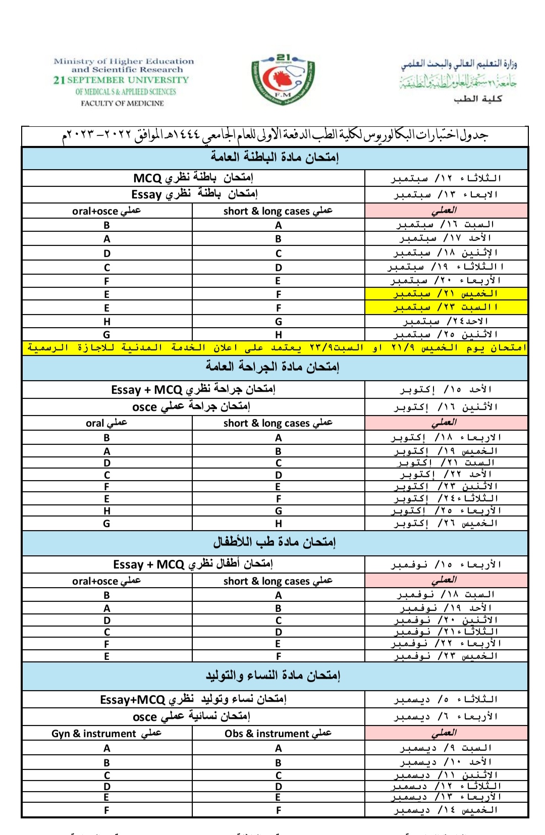 جدول امتحان البكالوريوس كلية الطب الدفعة الاولى