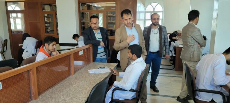 Deputy dean of clinical pharmacy faculty Dr. Abdulelah Thabet along with secretary-general of the faculty Dr. Abdullah Measar and director of exams Waleed Al-Ameri inspect the final exams of the second semester ,1445, at the faculty…