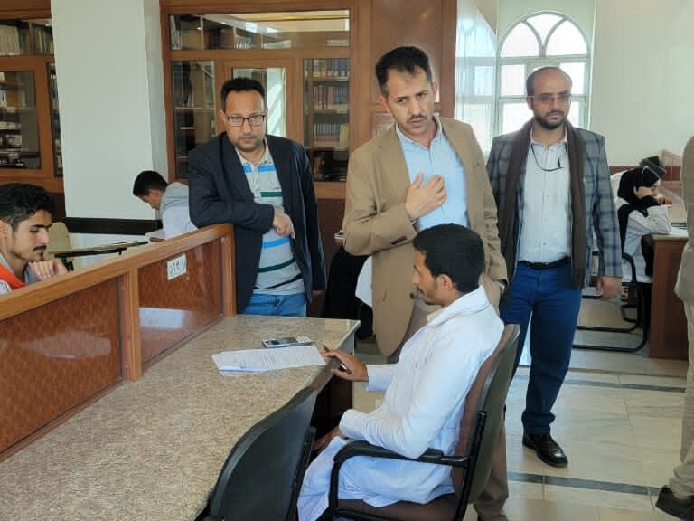 Deputy dean of clinical pharmacy faculty Dr. Abdulelah Thabet along with secretary-general of the faculty Dr. Abdullah Measar and director of exams Waleed Al-Ameri inspect the final exams of the second semester ,1445, at the faculty…