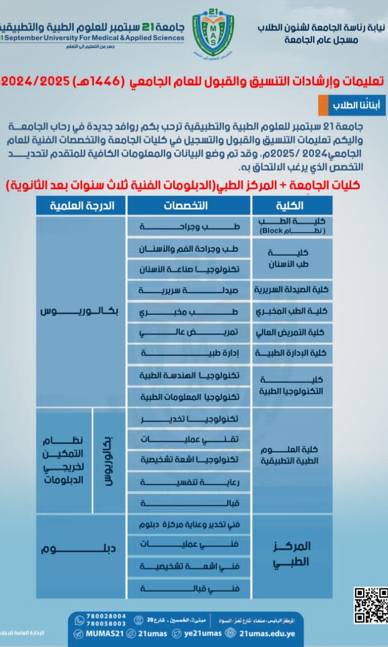 ▫️ إعلان تعلن جامعة ٢١ سبتمبر للعلوم الطبية والتطبيقية بدء عملية التنسيقللعام الجامعي 1446ھ (2025/2024)م في جميع الكليات والانظمة الدراسية