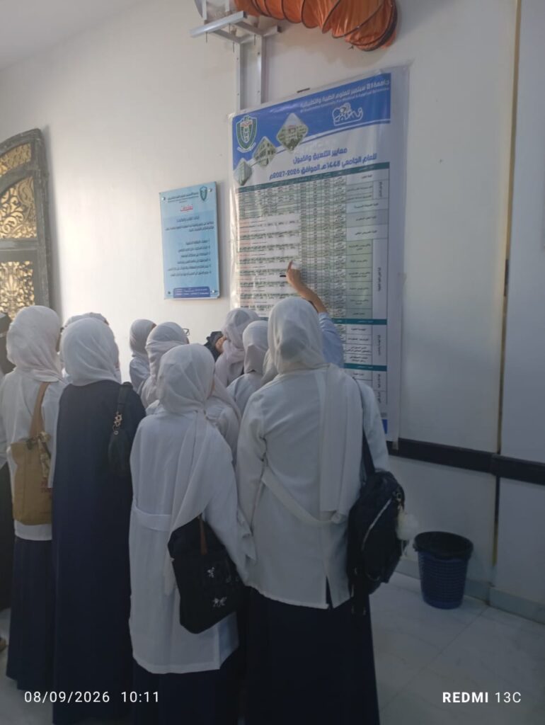 Group of female students in white uniforms and headscarves looking at a large posted chart on a wall, one person pointing at data.