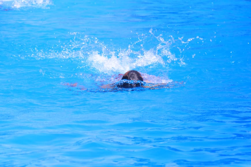 A swimmer's head breaks the water surface in a bright blue pool with splashes around them, mid-stroke choing a swim gesture.
