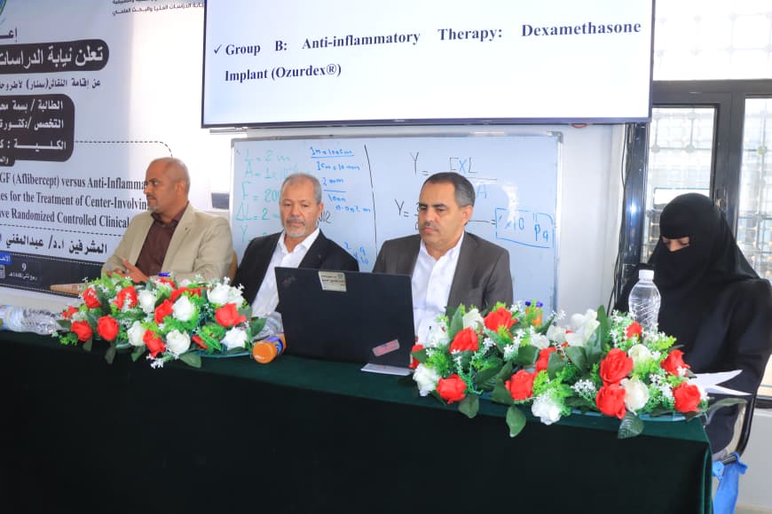 Panel of four speakers at a medical conference table with laptops and floral arrangements, a screen behind them lists dexamethasone therapy topics.